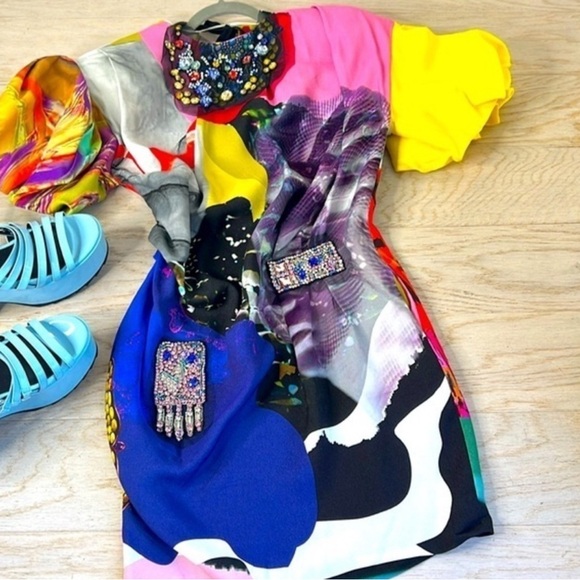 Zara Jewel Puffy Sleeve Limited Mini Dress Retro Y2K 80's 90's Barbiecore Rare* - Picture 2 of 10